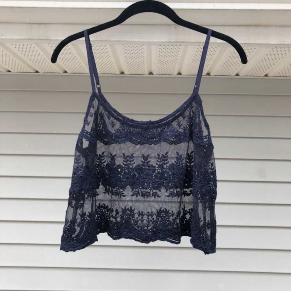 Navy Blue Sheer Lace Crop Top